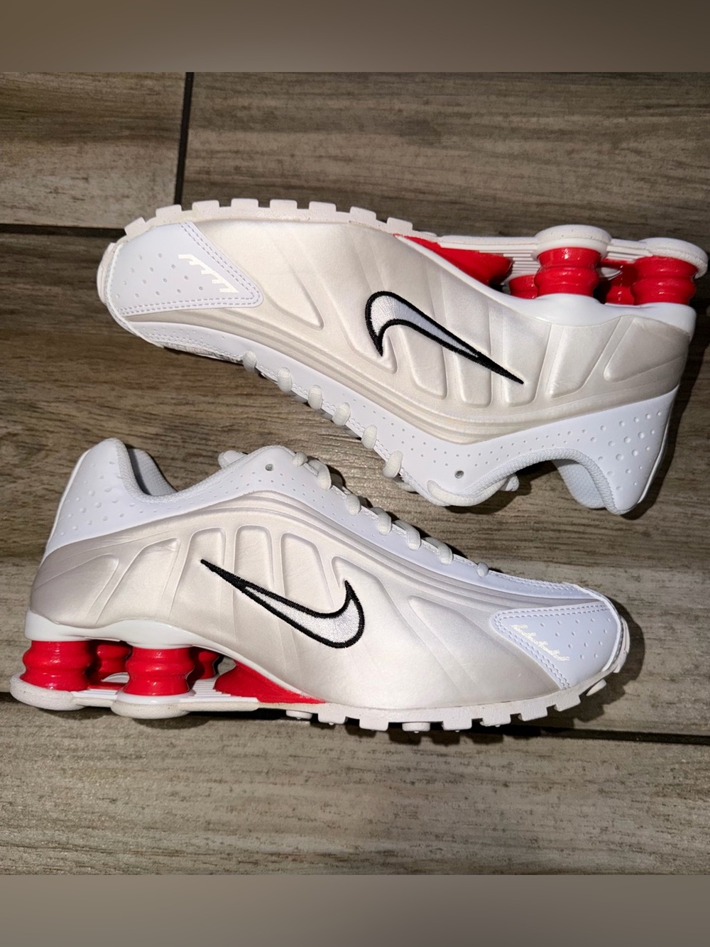 Nike Youth White/Black Shox Athletic Sneakers with Red Columns